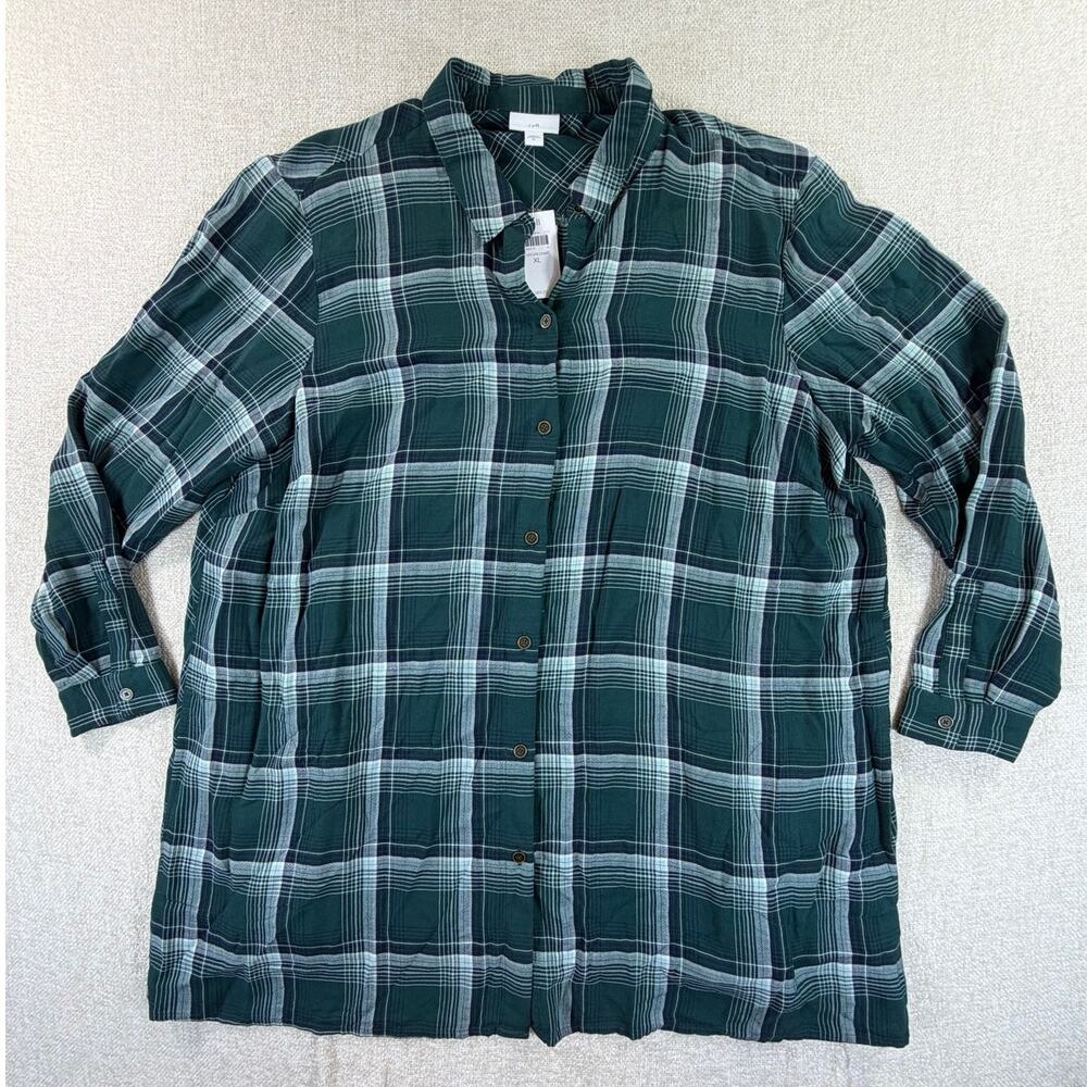 J. Jill Womens XL Green White NWT Plaid Long Sleeve Boyfriend Button Front Shirt